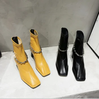 

Women's boots 2020 Autumn/winter thick heel soft leather boots square toe women's boots