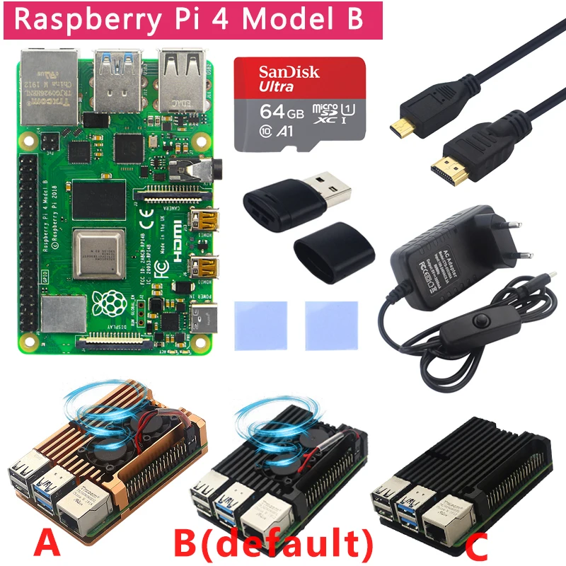 Power + Micro Kit + Case de Alumínio + Dissipador de Calor + 3a Original Raspberry Modelo b Switch Hdmi Opção 64 32 gb Cartão sd | Leitor pi 4