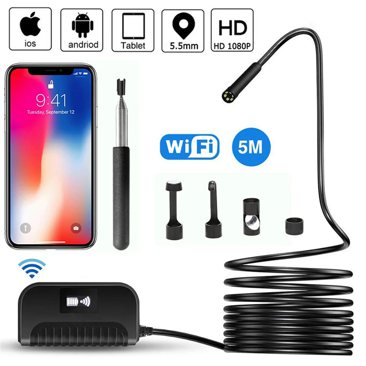 5.5mm 5MP 1080P Wireless WIFI Endoscope Inspection Borescope  Camera 3in1 hd  Otoscope for android and ISO