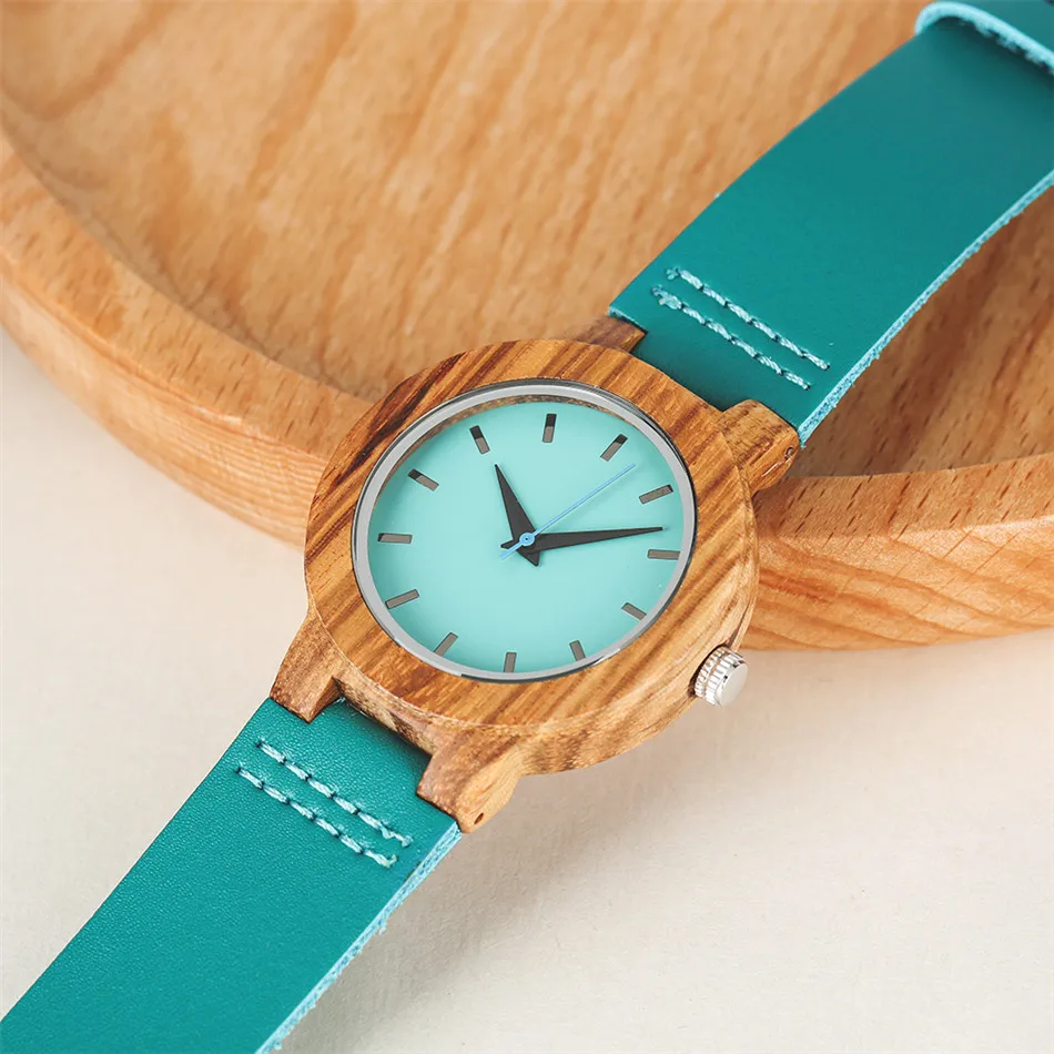 Unique Blue Color Wood Watch Women Wooden Quartz Men's Watches Genuine Leather Band Couples Lover's Timepieces Clock Gifts 2019