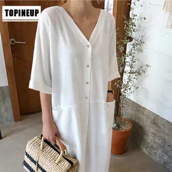 

2019 Long Sleeve Women Dress Plus Size Solid Color Loose V-Neck Korean Style Casual Big Pockets Elegant Short Sleeve Fashion