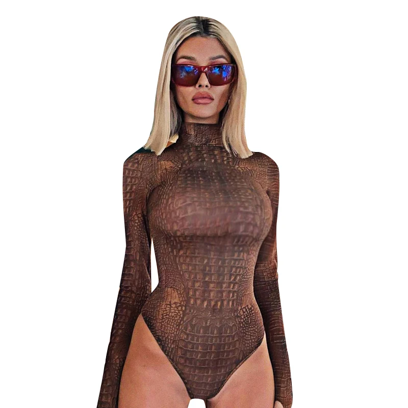 Joskaa Crocodile pattern long sleeve bodycon bodysuit autumn winter women high neck print streetwear club body