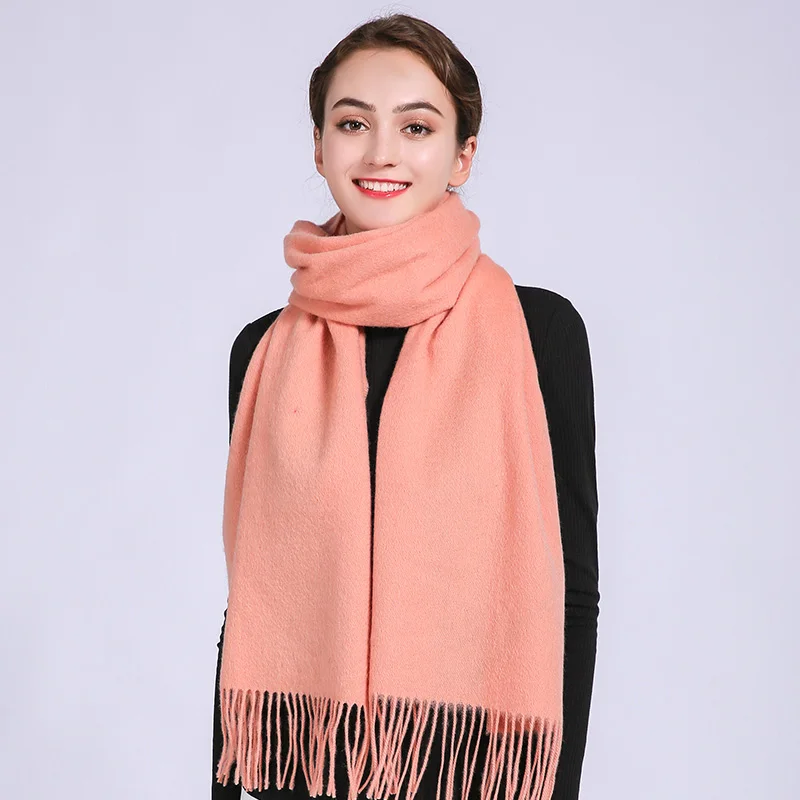 Однотонный шарф из чистой шерсти, женский розовый зимний теплый шерстяной шарф с кисточками, роскошные брендовые шерстяные шали и палантины для дам из пашмины