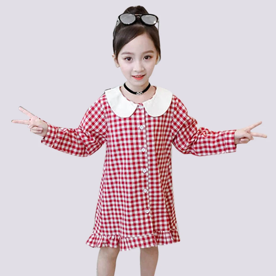 Dress For Girls Long Plaid Shirt Girl Fashion Ruffle Children Dresses Spring Autumn Korean Costume 6 8 10 12 14 | Детская одежда и
