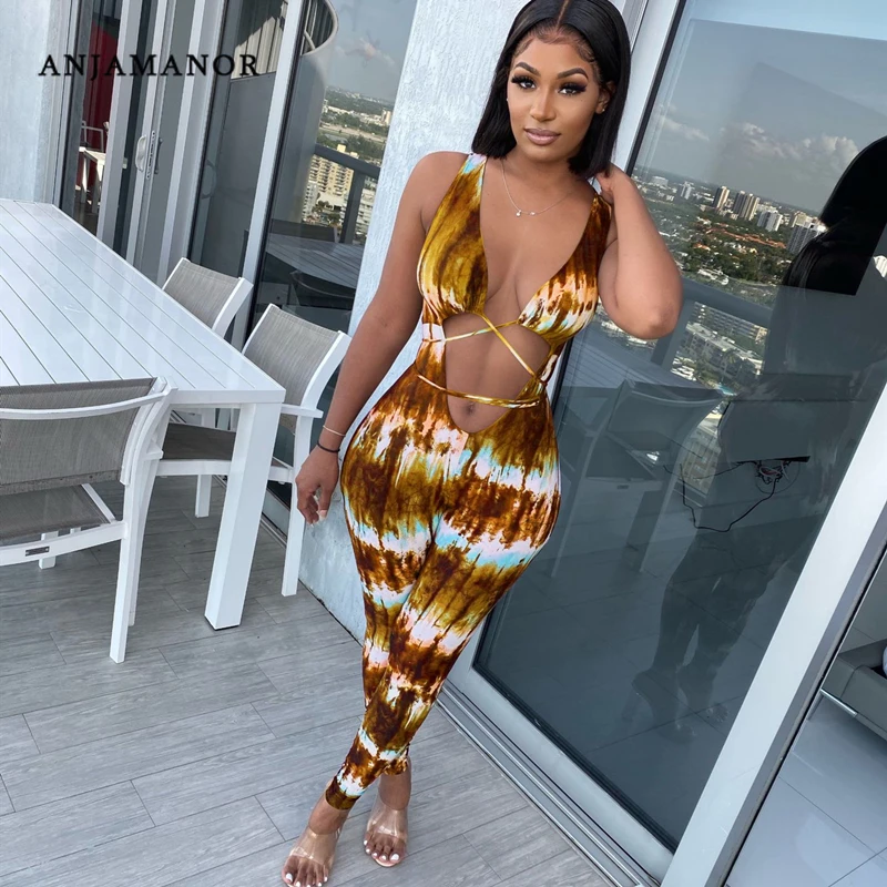 ANJAMANOR Tie Dye Women One Piece Jumpsuits Sexy Club Outfits for Woman Plus Size Hollow Out Bodycon Jumpsuit Romper D35-CD27 ANJAMANOR Tie Dye Women One Piece Jumpsuits Sexy Club Outfits for Woman Plus Size Hollow Out Bodycon Jumpsuit Romper D35-CD27