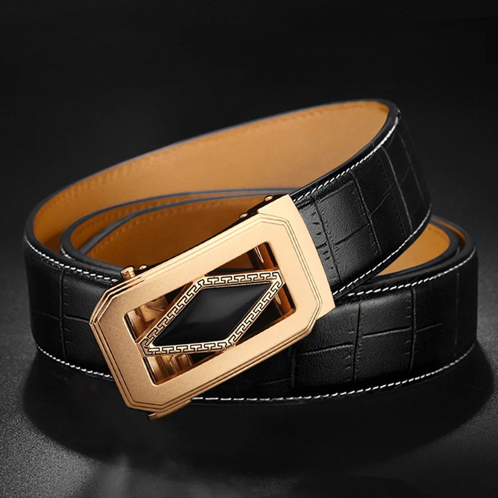 Black Gold Buckle FAJARINA дизайн модный четырехсторонний геометрический Автоматическая пряжка кожаный ремень для мужчин подлинные ремни 3,5 см ширина ZDFJ326 - Цвет: Black Gold Buckle