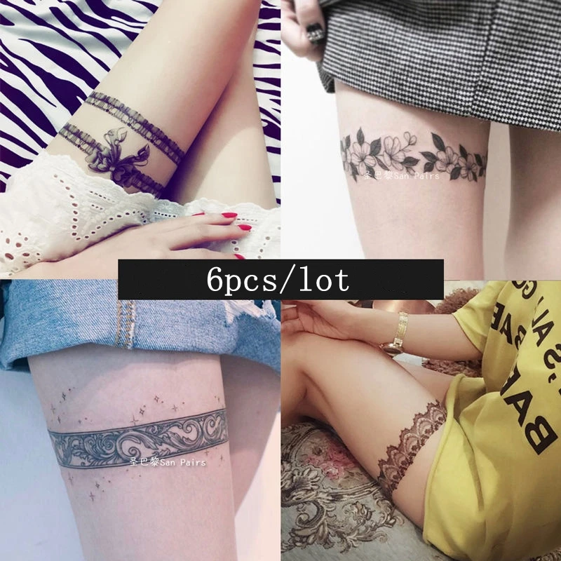 Pegatinas de tatuaje temporal de encaje para muslo, tatuajes sexys para mujeres, tatuajes negros impermeables, arte corporal, anillo para piernas,