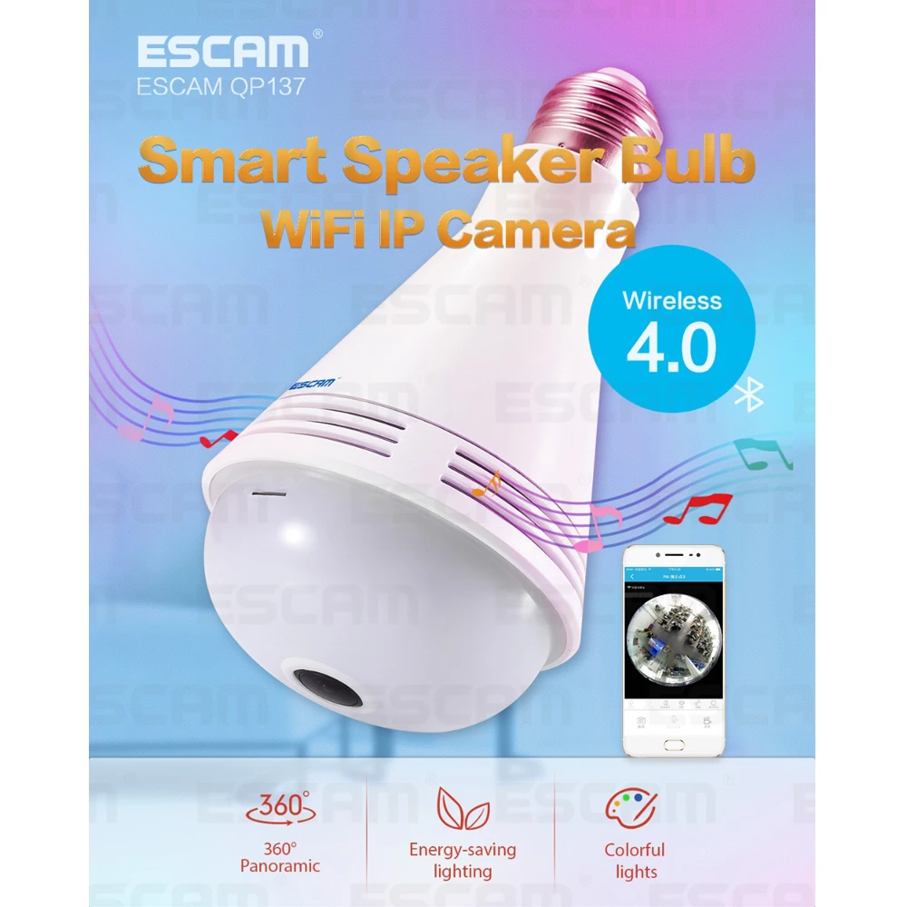 ESCAM QP137 рыбий глаз лампочка фотолампа 1080P 360 ° красочная VR панорамная камера с Bluetooth
