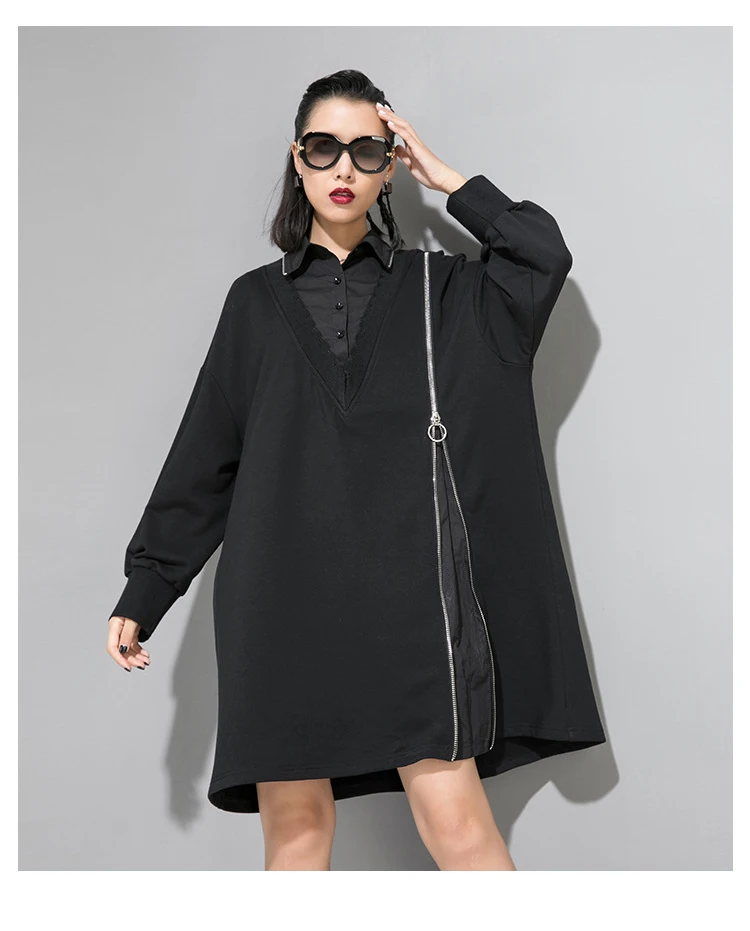 Новинка, корейский стиль, Женское зимнее черное платье-рубашка с длинным рукавом, прямое, на молнии, украшенное, для девушек размера плюс, платье средней длины J233