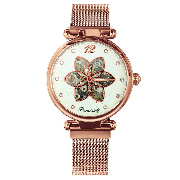 FORSINING Elegant Women Watches Top Brand Luxury Automatic Mechanical Skeleton Flower Bling Starry Dial Ultra Thin Ladies Watch - Цвет: RG WHITE