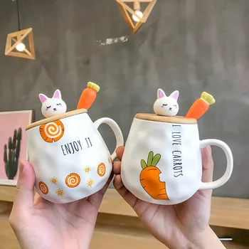 

400ML Cute Cartoon Rabbit Mug with Spoon and Lid Ceramic Coffee Cup for Home Drinkware