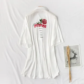 

Casual Sleepshirt Half Sleeve Short Nightwear Print Flower White Homewear Nightgown Female Satin Home Dressing Intimate Lingerie