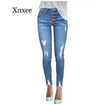 

Women Stretch Ripped Distressed Skinny High Waist Denim Pants Shredded Jeans long pants hole sexy Trousers blue summer autumn