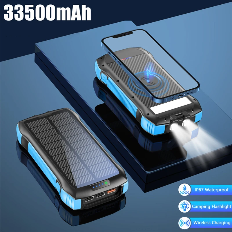 PD20W Solar Power Bank 33500mAh Fast Qi Wireless Charger Powerbank for iPhone 12 Samsung S21 Xiaomi Poverbank with Camping Light best portable charger