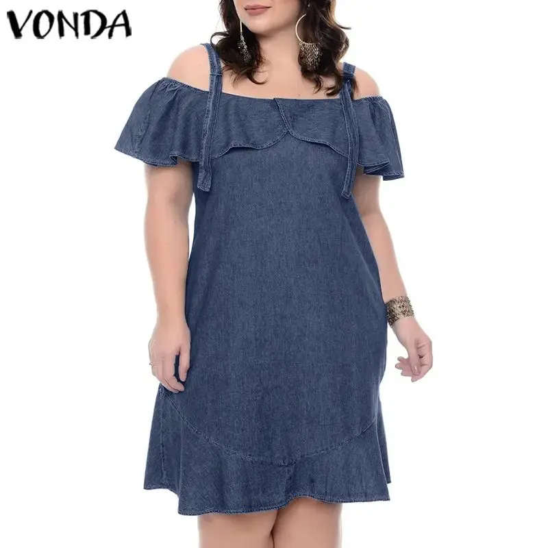 VONDA 2020 Demin Dress Sexy Strap Ruffled Party Maternity Dresses Casual Loose Solid Color Mini Sundress Beach Pregnancy Robe