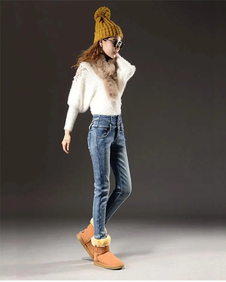 MiiKLN Black Blue Jeans Woman Winter Fur In Side 26 to 36 Size High Waist Jeans For Women 42KG to 70Kg