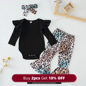 

Menoea Newborn Baby Autumn Clothing Sets 2020 Girls Fly Sleeve Solid Romper Leopard Print Flared Trousers Hairband 3Pcs Suits