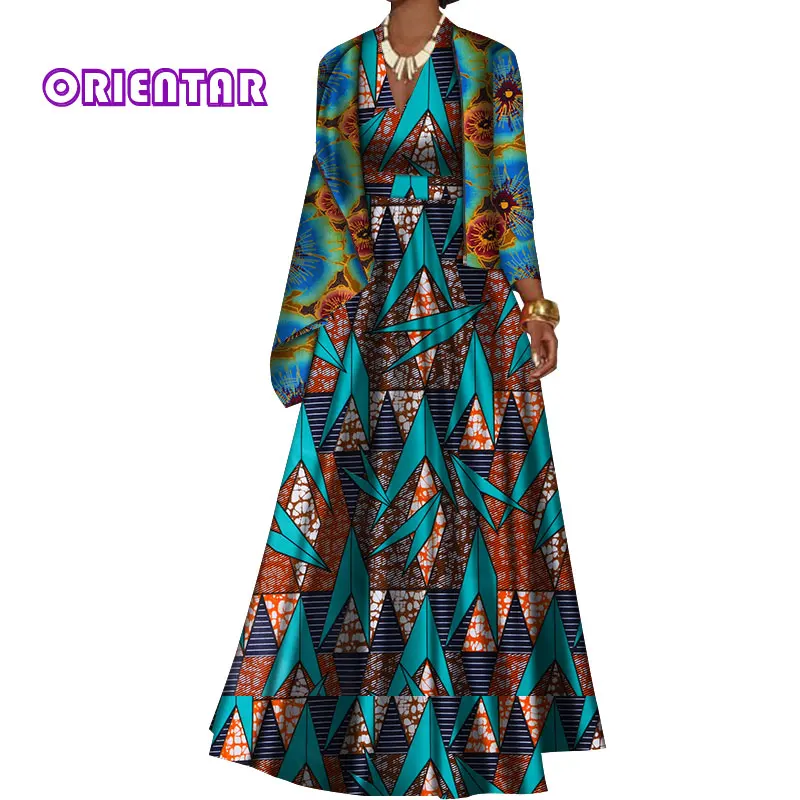 Африканская одежда для женщин длинные платья с курткой пальто Базен Riche Африканский принт элегантный глубокий V образным вырезом вечернее платье WY491 - Цвет: 6