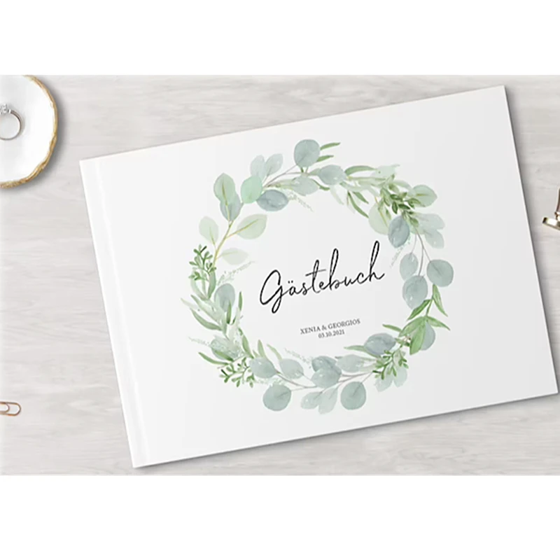 

Custom Wedding Guest Book,with Name & Date,with questions or white pages,Hardcover,Eucalyptus Green Love ideas,Color Editable