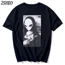 Мужская футболка Мона Лиза становится инопланетным лицом Забавный принт Харадзюку унисекс короткий рукав Футболка Мужская Уличная футболка