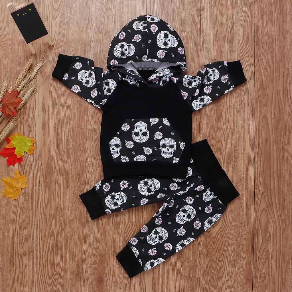 

Toddler Kids Baby Boys Long Sleeve Hooded Skull Print Sweater Tops+Pants Outfits Children's suit High Quality