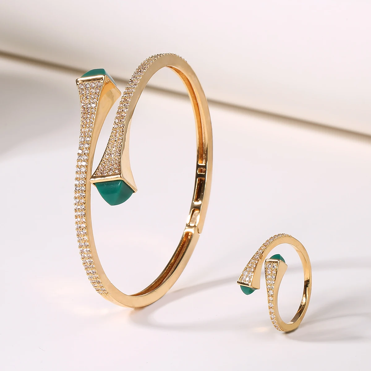 2021 New Romatic Women Fashion 2 Pcs Bracelet & Ring Set Candy color stone Simple Design Gold Open Cuff Bangle Ring Jewelry Set 