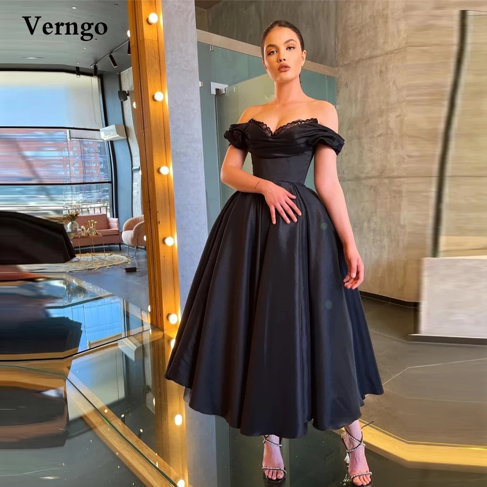 

Черное вечернее платье Verngo с открытыми плечами, ТРАПЕЦИЕВИДНОЕ атласное кружевное платье с вырезом сердечком, платья длиной ниже колена для выпускного вечера, вечерние платья на выпускной