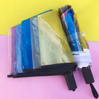 Paraguas de viaje compacto y colorido para Mujer, Parasolki Damskie automático plegable con diseño llamativo, color arcoíris, Transparente