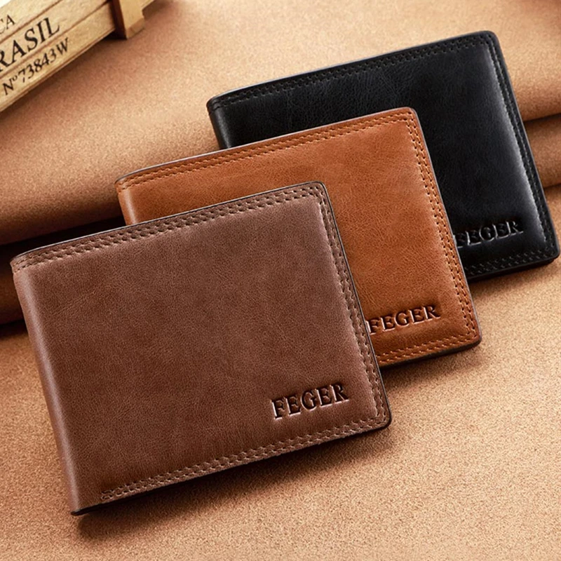 

FEGER Brand Men Wallets genuine Leather Purse Solid Short Card Holder Wallet for Gentlemen Free Shipping