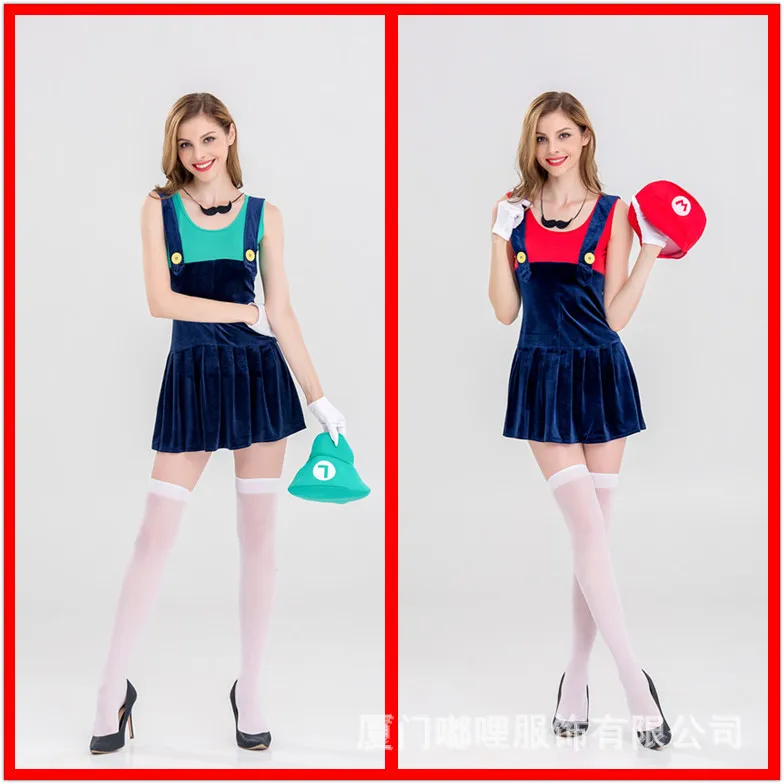 

2017 New Style COS Adult Louis Super Mario Mario Clothes Women's Halloween Suspender Strap Short Skirt Stage Wear