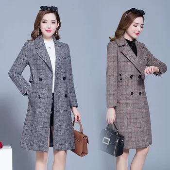 

Real shot 2019 autumn and winter new grid was thin woolen coat houndstooth wool female long section Korean version