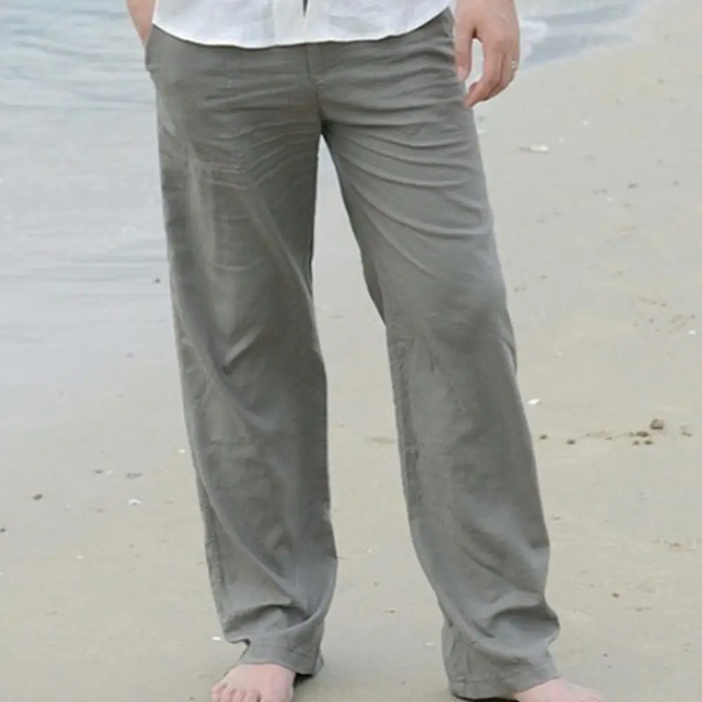 

Plus Size Men Cotton Linen Long Pants Elastic Waist Loose Straight Trousers