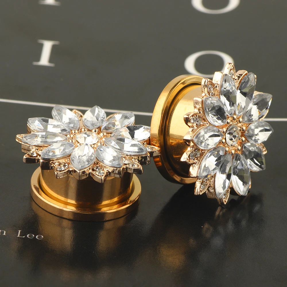 JunlowPY Surgical Steel Ear Gauges Double Flared Crystal Ear Tunnels and Plugs Earrings Stretcher Rose Gold Screw Gauges kit