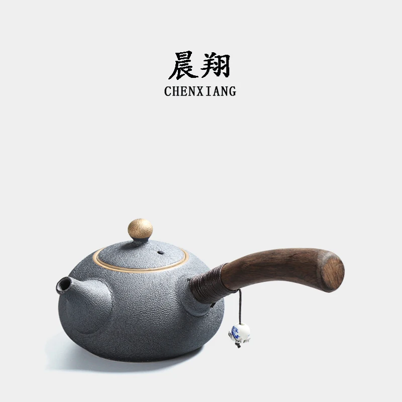 Chinese style crude pottery side pot handmade black Japanese tea open ebony handle teapot teaware teakettle | Дом и сад