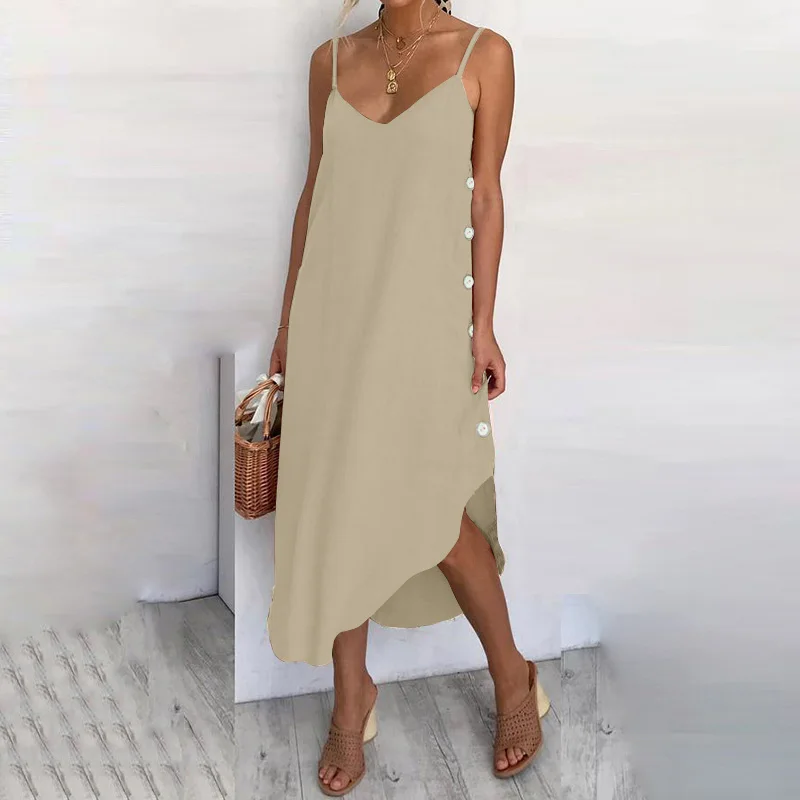 Women's Sexy Summer Dress 2021 Strapless Sleeve Beach Dress Casual Solid Color Button Irregular Shirt Large Size