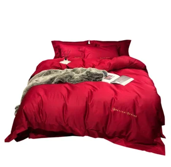 

Light luxury simple wedding four-piece cotton embroidery plush cotton double red duvet cover wedding bedding