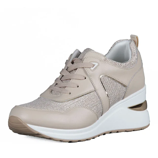Leather Shoes women platform sneakers wedge chunky walking shoes comfortable and light weight leather upper and insole Beige