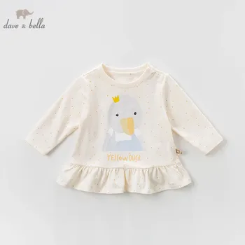 

DBZ13501 dave bella spring baby girls cartoon dots T-shirt children long sleeve tops girls cute pullover kids fashion tees