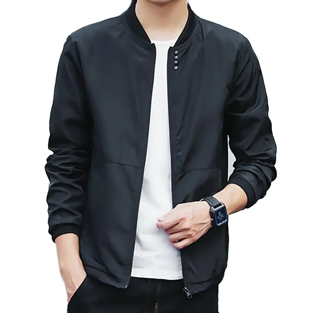 

Men Fashion Casual Slim Fits Stand Collar Baseball Jacket Long Sleeve Thin Coat Large size men's casual Hit color Korean jacket