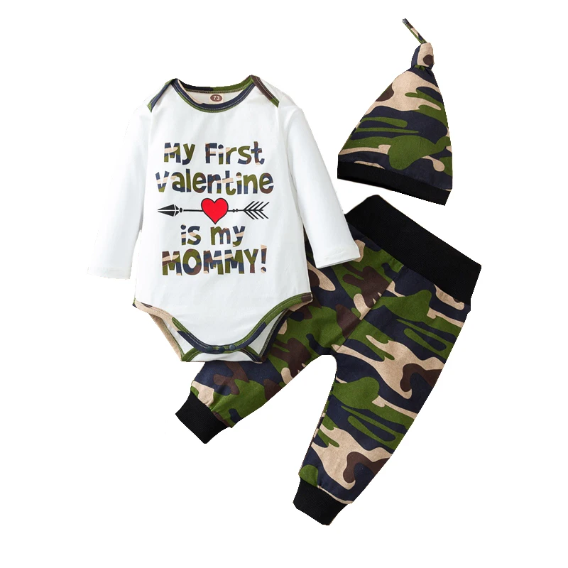 

OPPERIAYA New Fashion Warm Toddler Baby Long Sleeve My First Valentine is My MOMMY Print Bodysuit Camouflage Pant Hat Casual Set