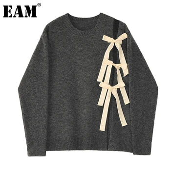 

[EAM] Big Size Bandage Knitting Sweater Loose Fit Round Neck Long Sleeve Women Pullovers New Fashion Autumn Winter 2020 1DA714