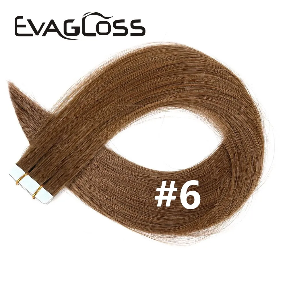 #6 EVAGLOSS, натуральные человеческие волосы для наращивания на Клейкой Ленте, 10 шт., 20 шт., 40 шт., клейкие волосы для наращивания на Клейкой Ленте, 12 дюймов/14 дюймов/16 дюймов/20 дюймов - Цвет: #6
