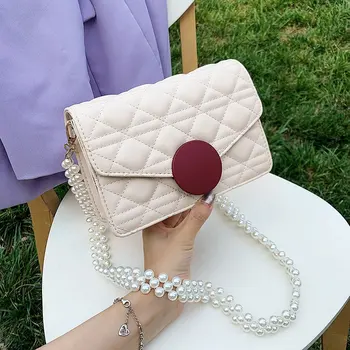 

2020 summer mini design PU leather messenger bag ladies shoulder bag with pearl shoulder strap handbag white small square bag