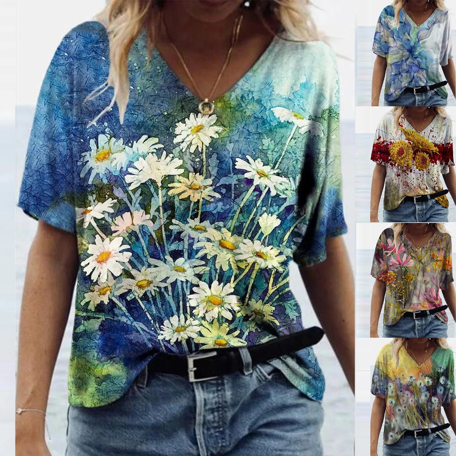 Vintage Woman Tshirts Women Summer Flower Printed Short Sleeve V-Neck T-Shirt Casual Tee Tops Graphic T Shirt