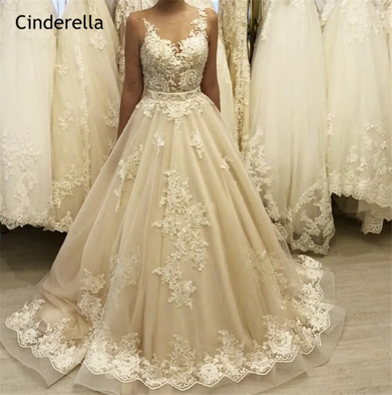 

Cinderella Light Champagne Sexy See Through A-Line Soft Tulle Lace Applique Crystal Beaded Wedding Dresses vestido de noiva