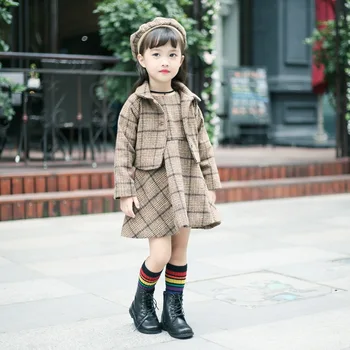 

ACE LOVE Plaid Autumn Winter Hairy Coat Dress Hat 3 Piece Suit Clothes Set for Children Girls Toddler Girls Clothes for Winter