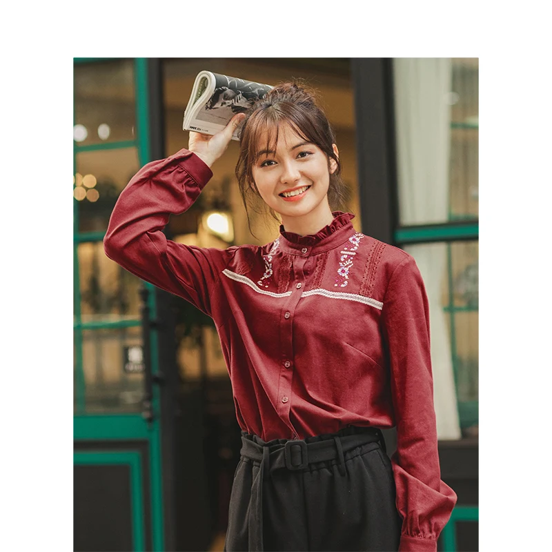 INMAN Spring Autumn Winter 100%Cotton Lace Stand up Collar Embroidery Literary All Matched Women Blouse INMAN Spring Autumn Winter 100%Cotton Lace Stand up Collar Embroidery Literary All Matched Women Blouse