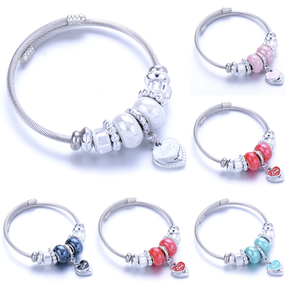 Stainless Steel Charm Women Bracelet Silver Color Love Crystal Bead