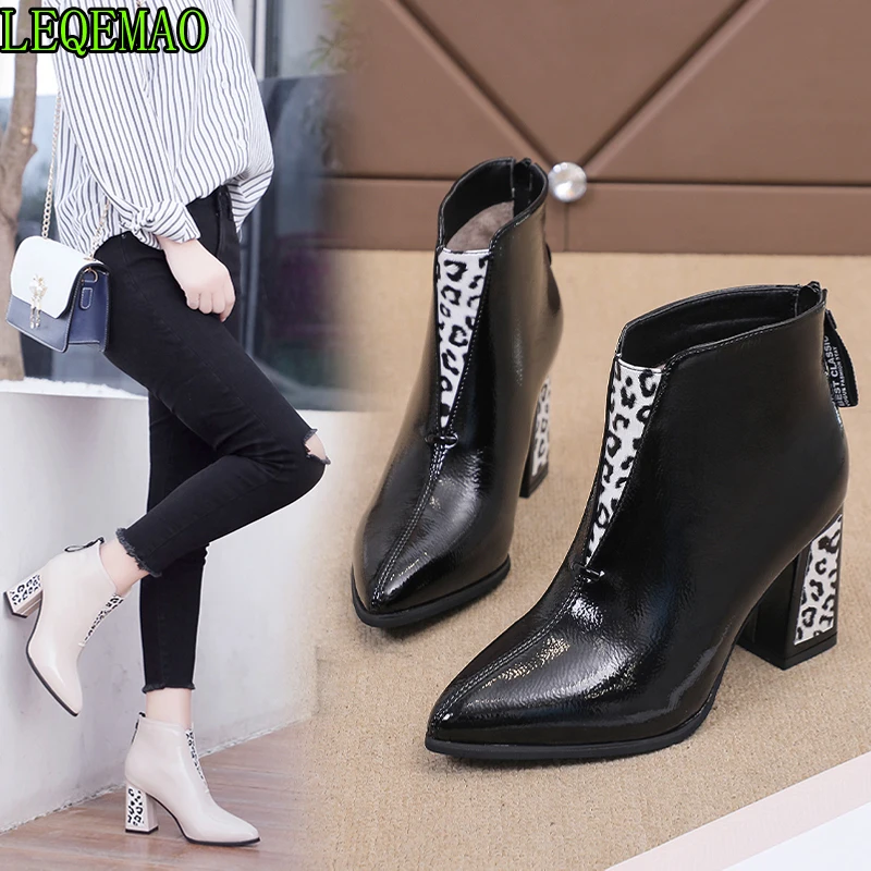 

Leopard mixed colors leisure PU mid-calf boots for women high heel square pointed autumn boots stitching winter ladies shoes