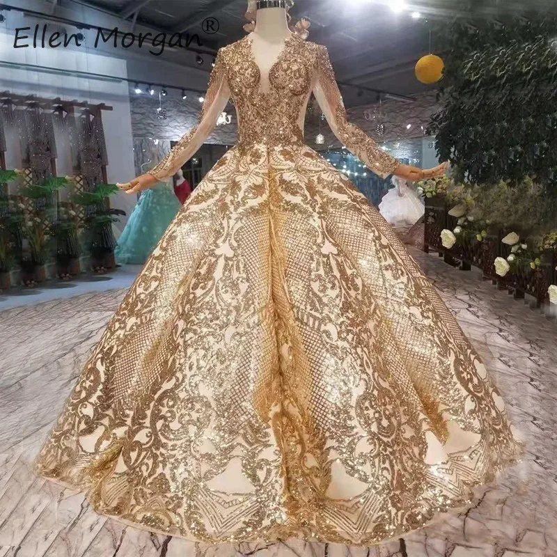 Винтажное арабское Золотое свадебное платье, бальные платья, роскошные, длинные рукава, бисероплетение, кружево, длина до пола, веселые свадебные платья